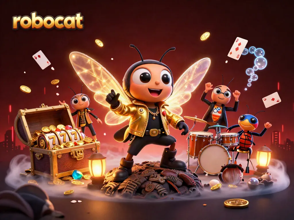 Experience thrilling action with the robocat in an enchanting casino realm filled with vibrant games.