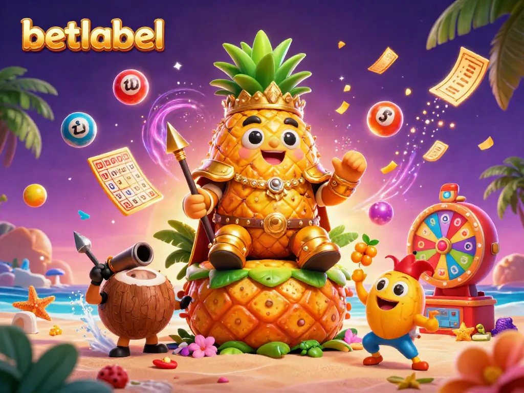 Engage in thrilling gameplay at betlabel with a vibrant casino scene featuring the golden pineapple king and lively characters.