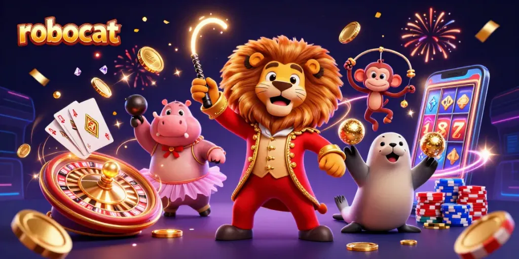 Engage in gambling excitement with robocat at a vibrant casino illustration showcasing games and bonuses.