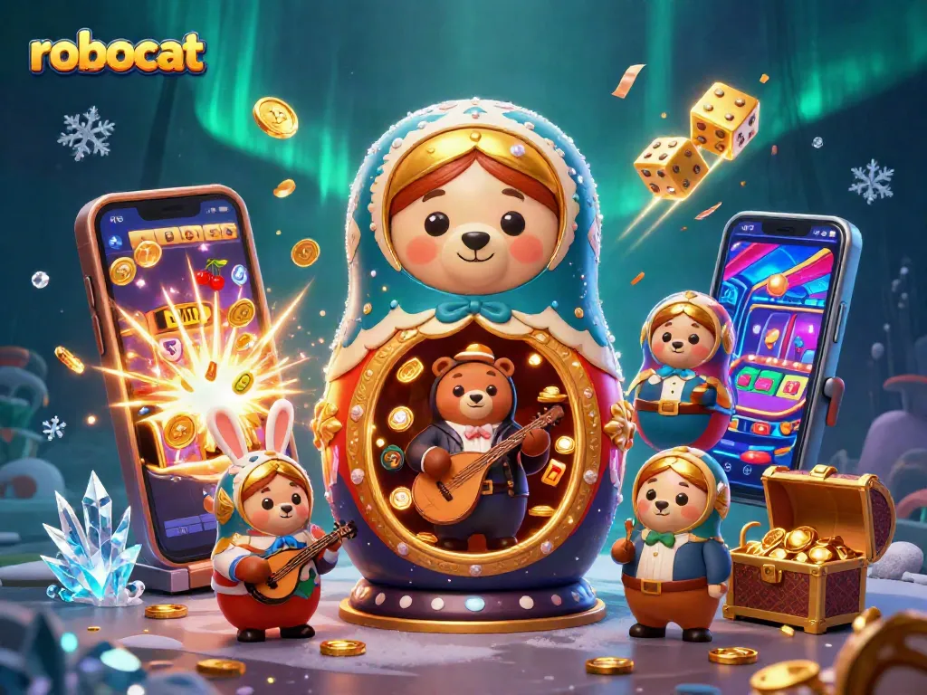 Engage with robocat's thrilling gaming world, highlighted by a diverse array of casino elements and vibrant characters.