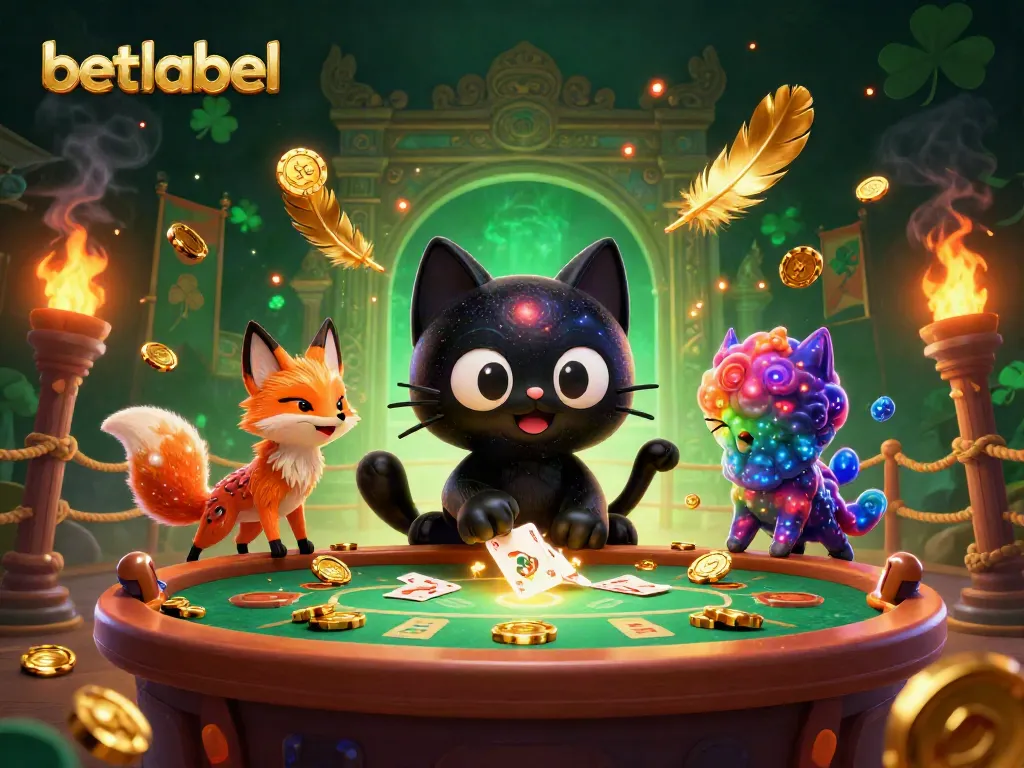 Betlabel casino scene featuring a black hole cat and nebula fox, surrounded by cosmic chips and cards.