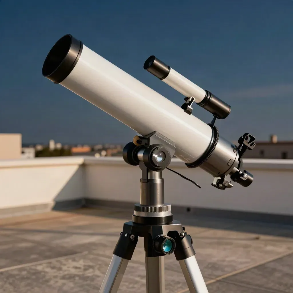 Telescopio refractor en una azotea al atardecer, apuntando a Saturno.