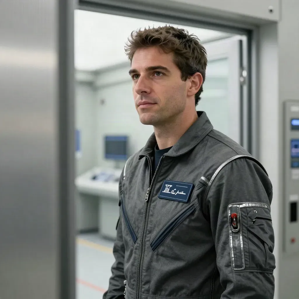 Pablo Álvarez con traje de vuelo oscuro, mirando fuera de cuadro en un centro espacial.