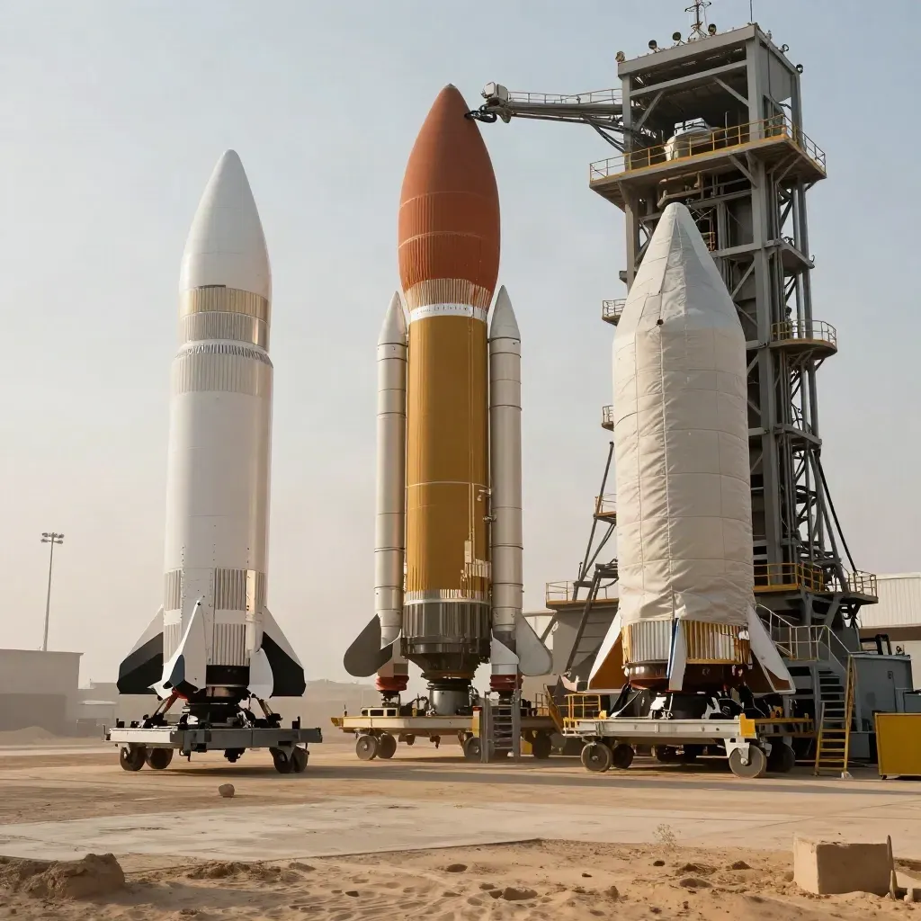 Tres cohetes y carenados en un patio de integración espacial, con luz cálida y polvo en el aire.
