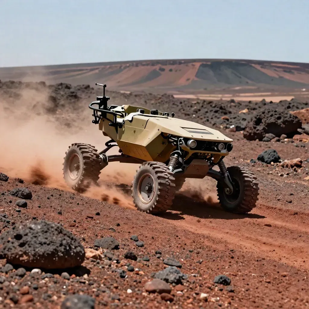 Rover de pruebas subiendo una ladera rojiza en un desierto volcánico con polvo en suspensión.