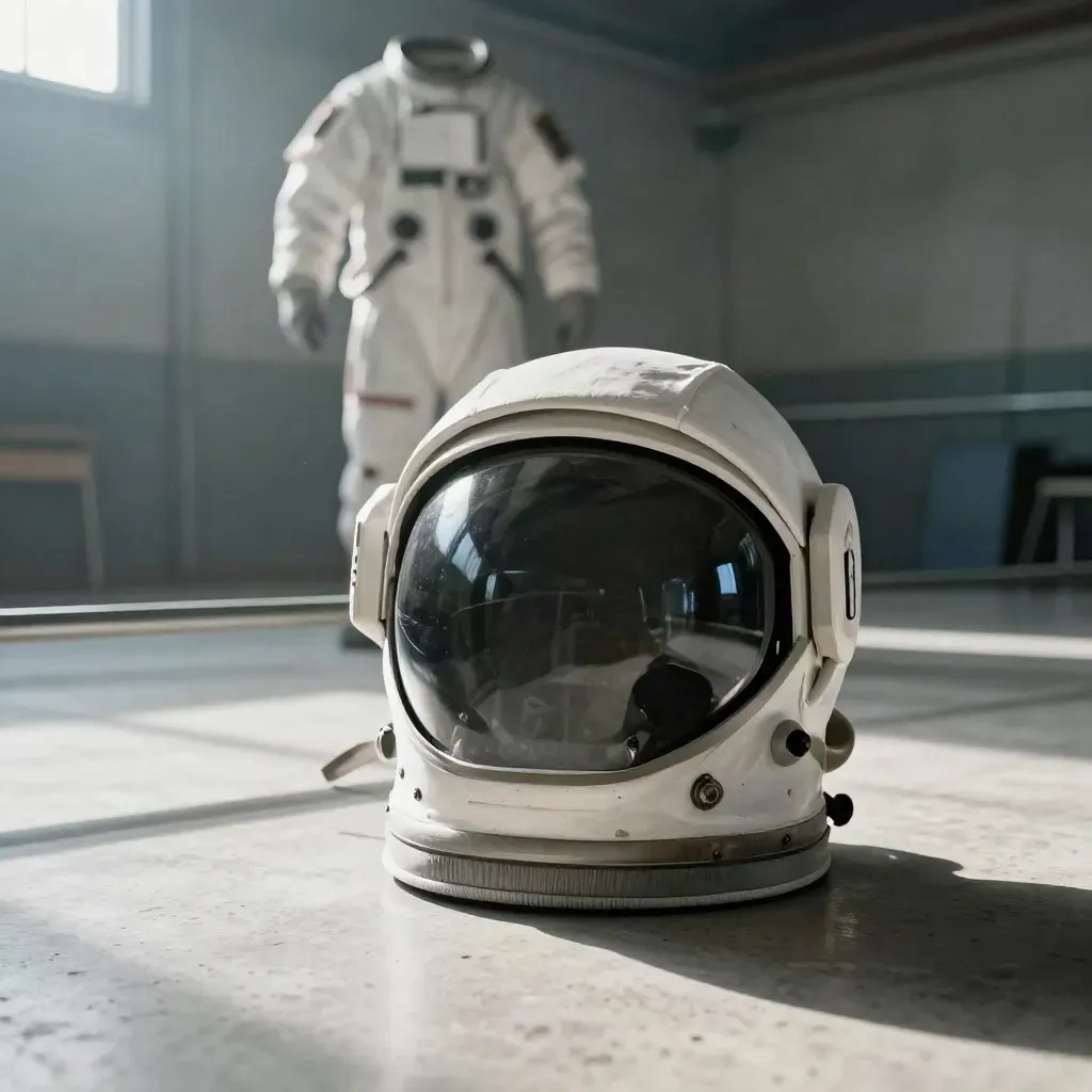 Casco de astronauta sobre base acolchada en un hangar de entrenamiento, con traje colgado al fondo.