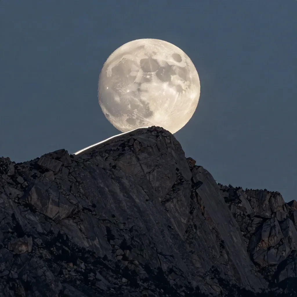 La Luna llena asomando tras una sierra rocosa en la noche azul, con bruma tenue.