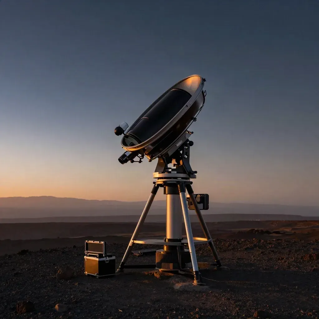 Telescopio astronómico en una loma al anochecer, apuntando a una nebulosa tenue.