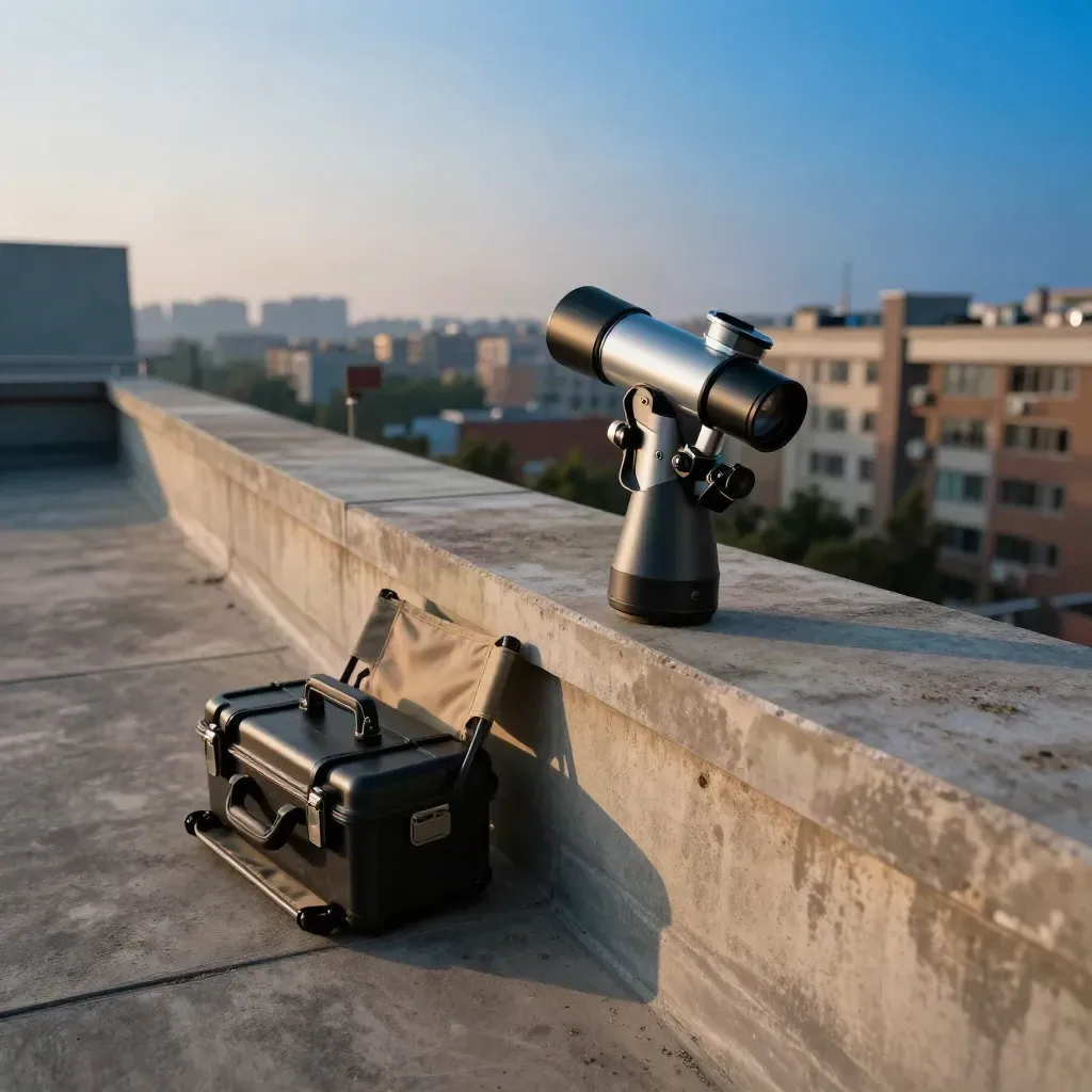 Azotea urbana al atardecer con telescopio portátil, silla plegable y estuche de accesorios junto al cielo de verano.
