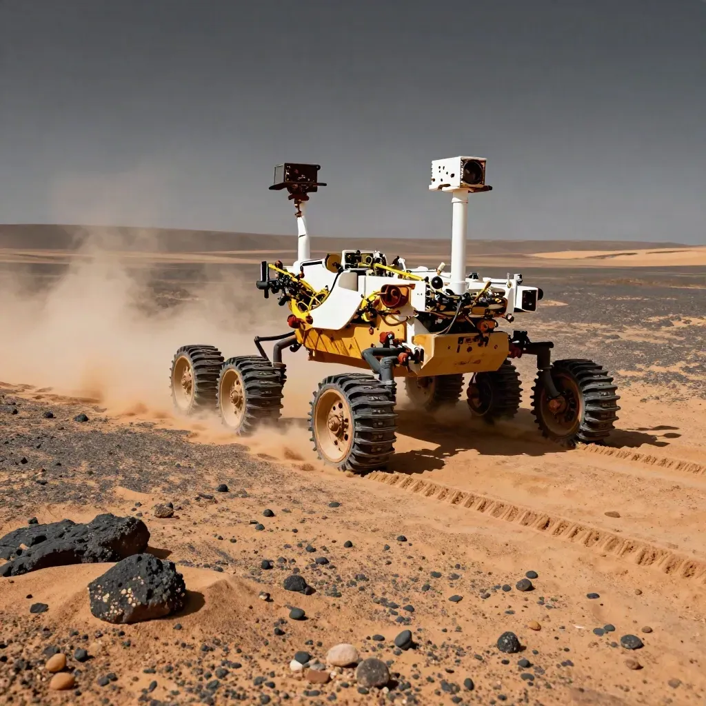Rover marciano cruzando arena y roca, dejando dos surcos y una nube de polvo.