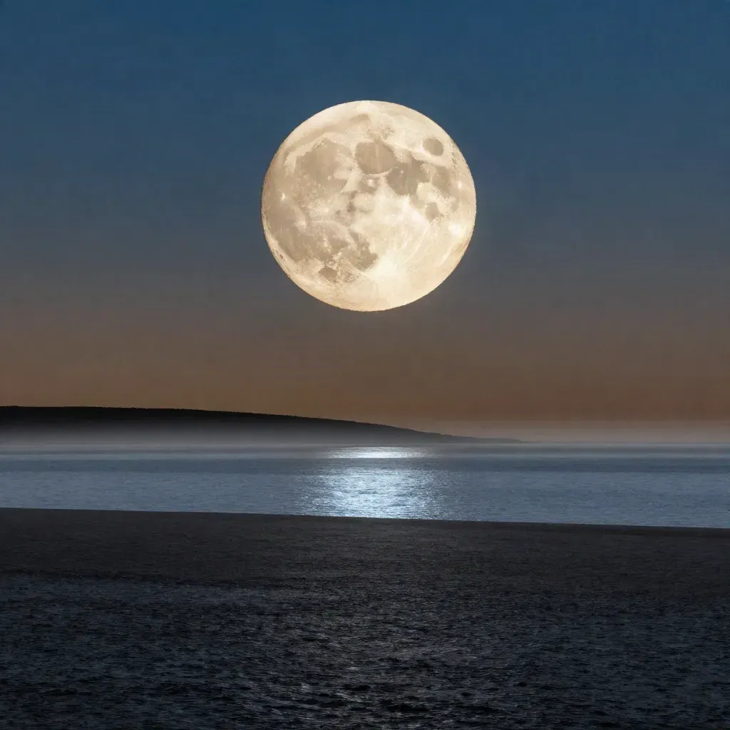 Luna llena enorme sobre mar tranquilo y costa baja en silueta, con bruma marina azul.