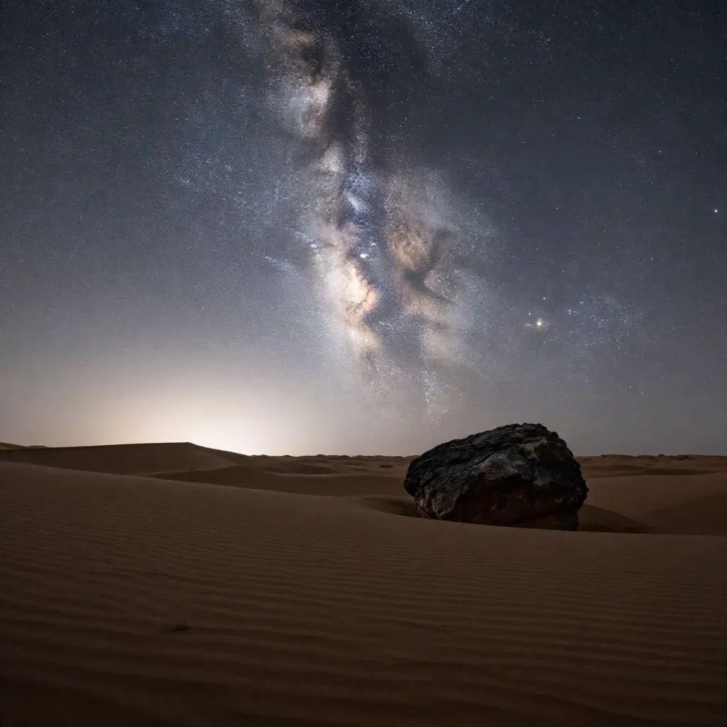Arco de la Vía Láctea sobre un desierto oscuro con una roca en silueta antes del alba.