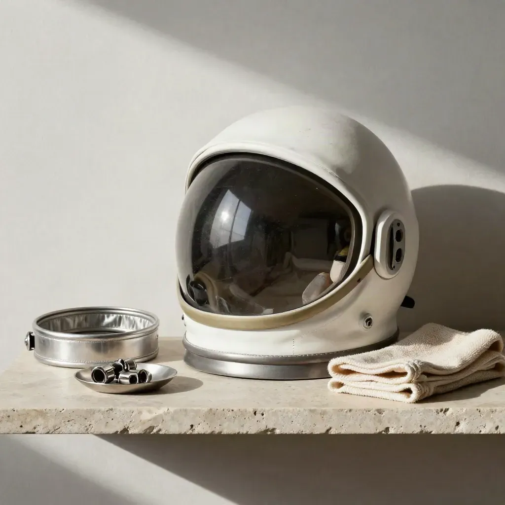 Casco de astronauta blanco con collar de traje, paño gris y piezas plateadas sobre repisa de piedra.