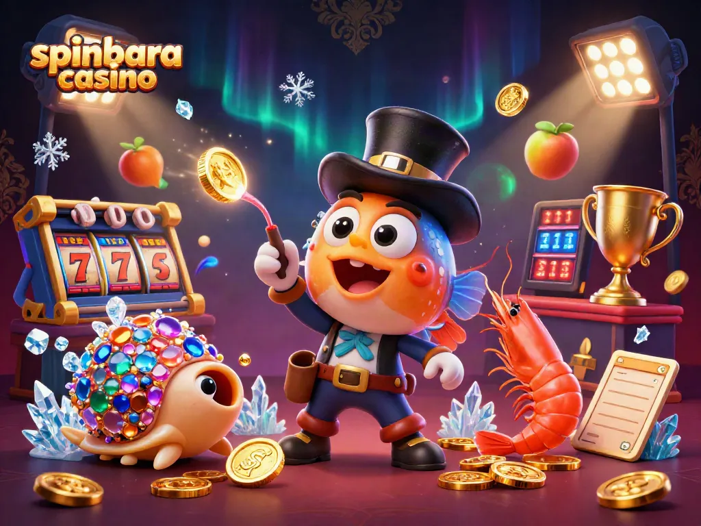 Spinbara casino showcases exciting gameplay with slot reels, colorful characters, and dynamic casino elements.